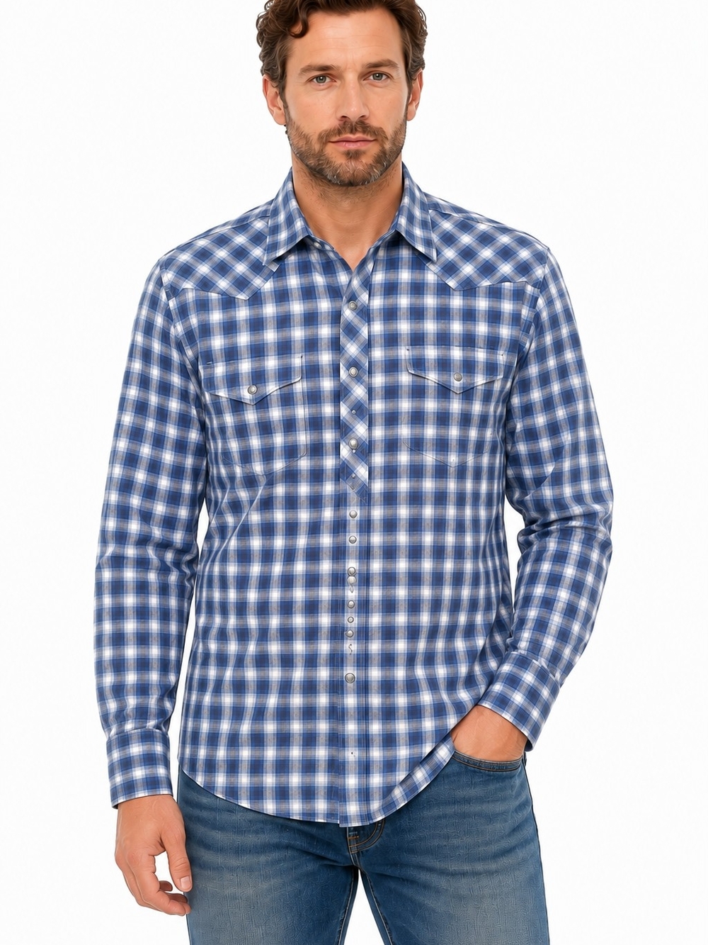 Banana Republic Slim Fit Western Plaid Snap Button Shirt Large Blue campus
